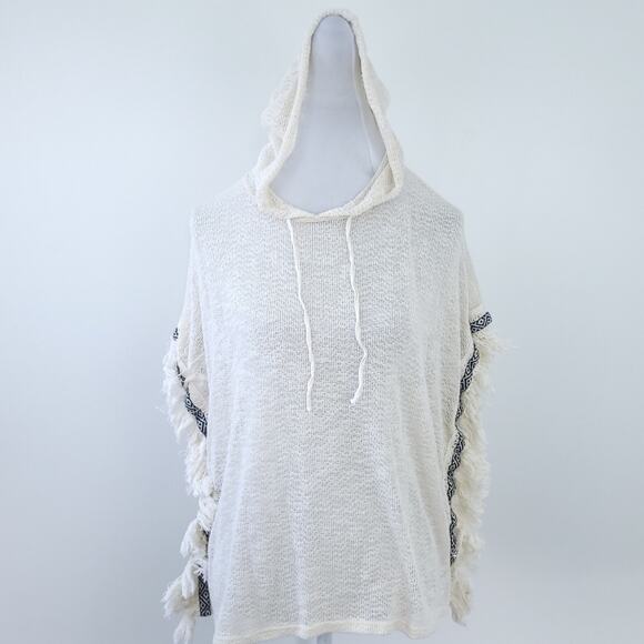 Lily White Poncho Knit Top Small Hooded Cream & Black Trim, Fringe Boho Festival - Picture 1 of 7